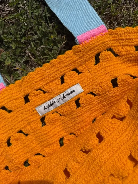 Sophie Anderson cBright Yellow Crochet Tote Bag with Blue Straps - Picture 5 of 6